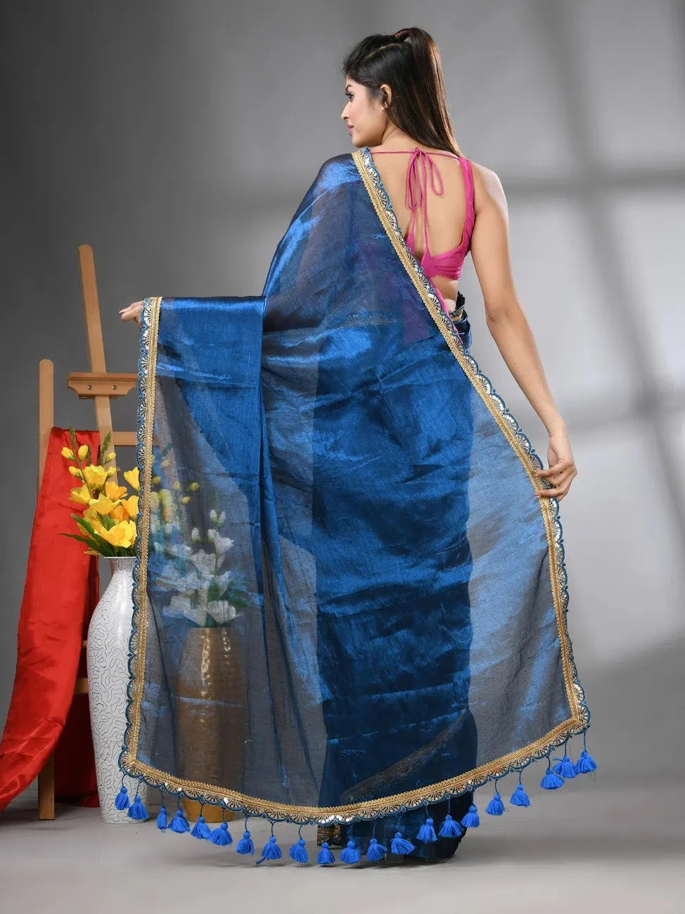Sapphire Blue Shimmer Cotton Saree | Designer Sarees India
