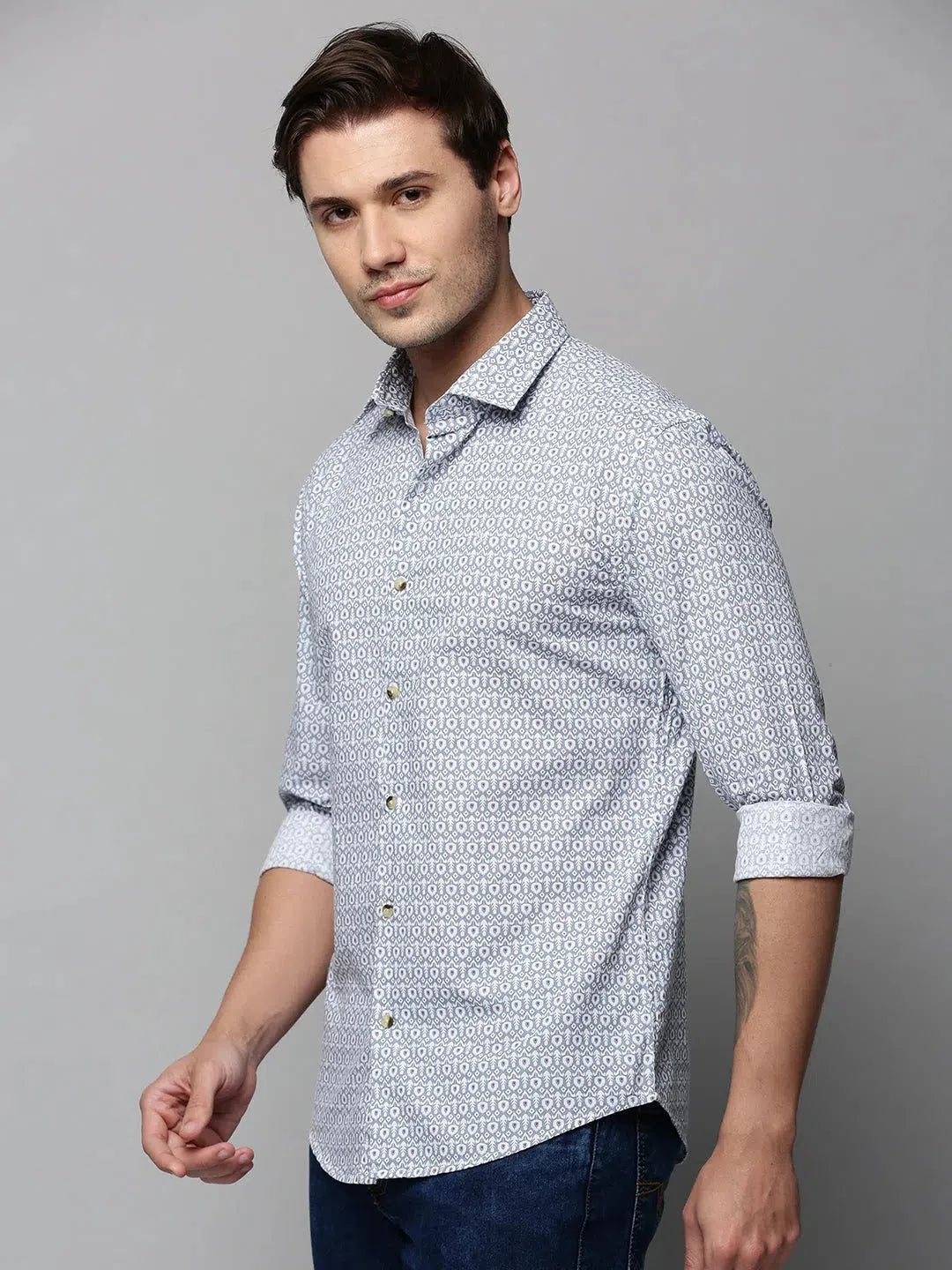 Grey Printed Mens Shirt - Casual Cotton Shirts