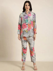 Women Oversized Grey Printed Shirt & Trousers Set-DW-5091-Grey