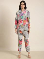 Women Oversized Grey Printed Shirt & Trousers Set-DW-5091-Grey