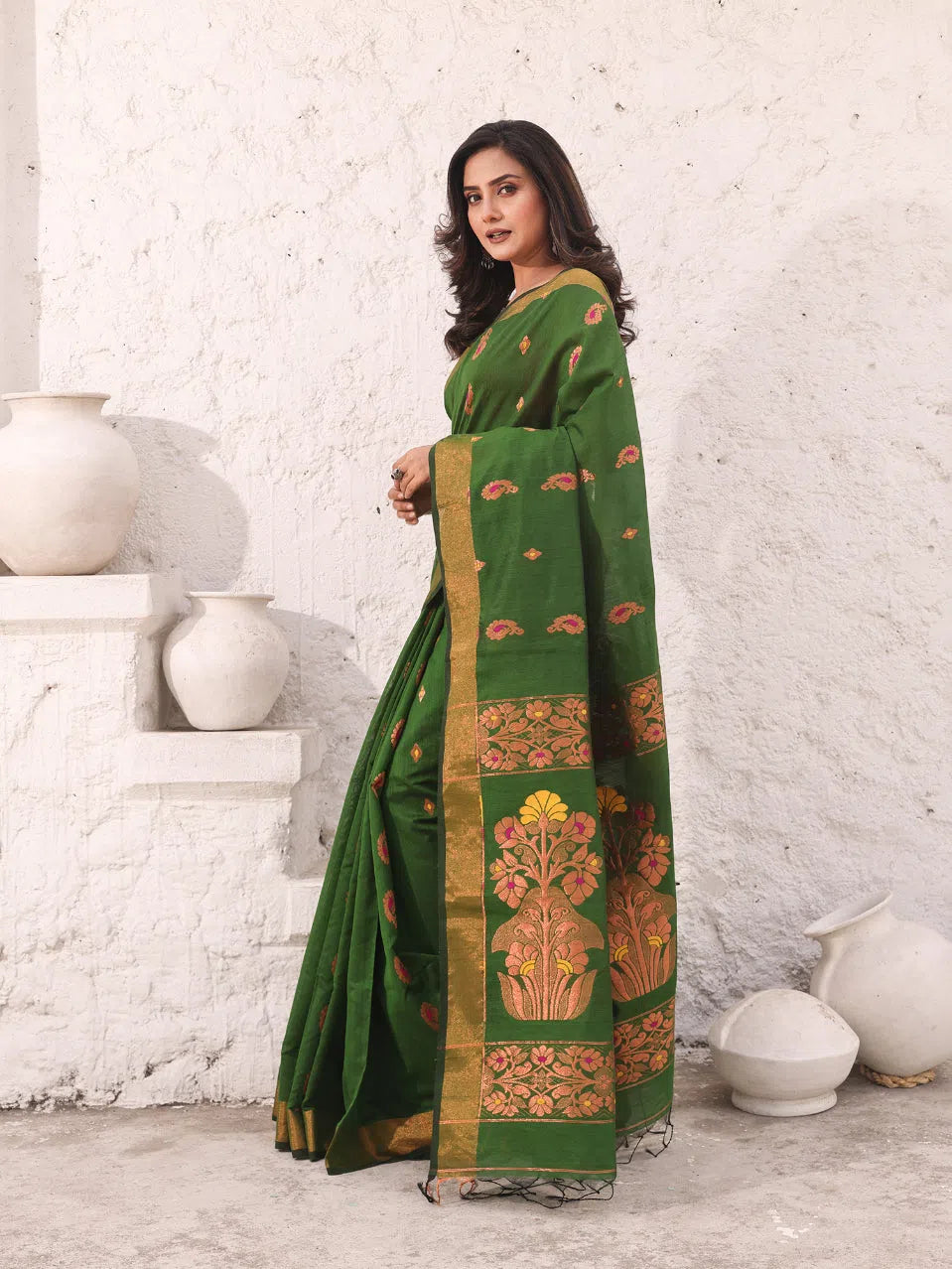 Moss Green Cotton Saree With Woven Designs And Zari Border-MA54BCT041210043