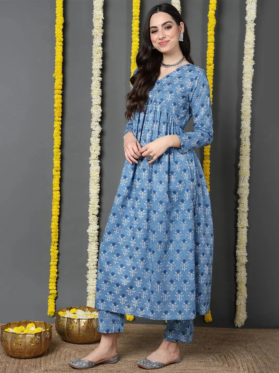 Women Blue Cotton Printed Anarkali Kurta Pant Set