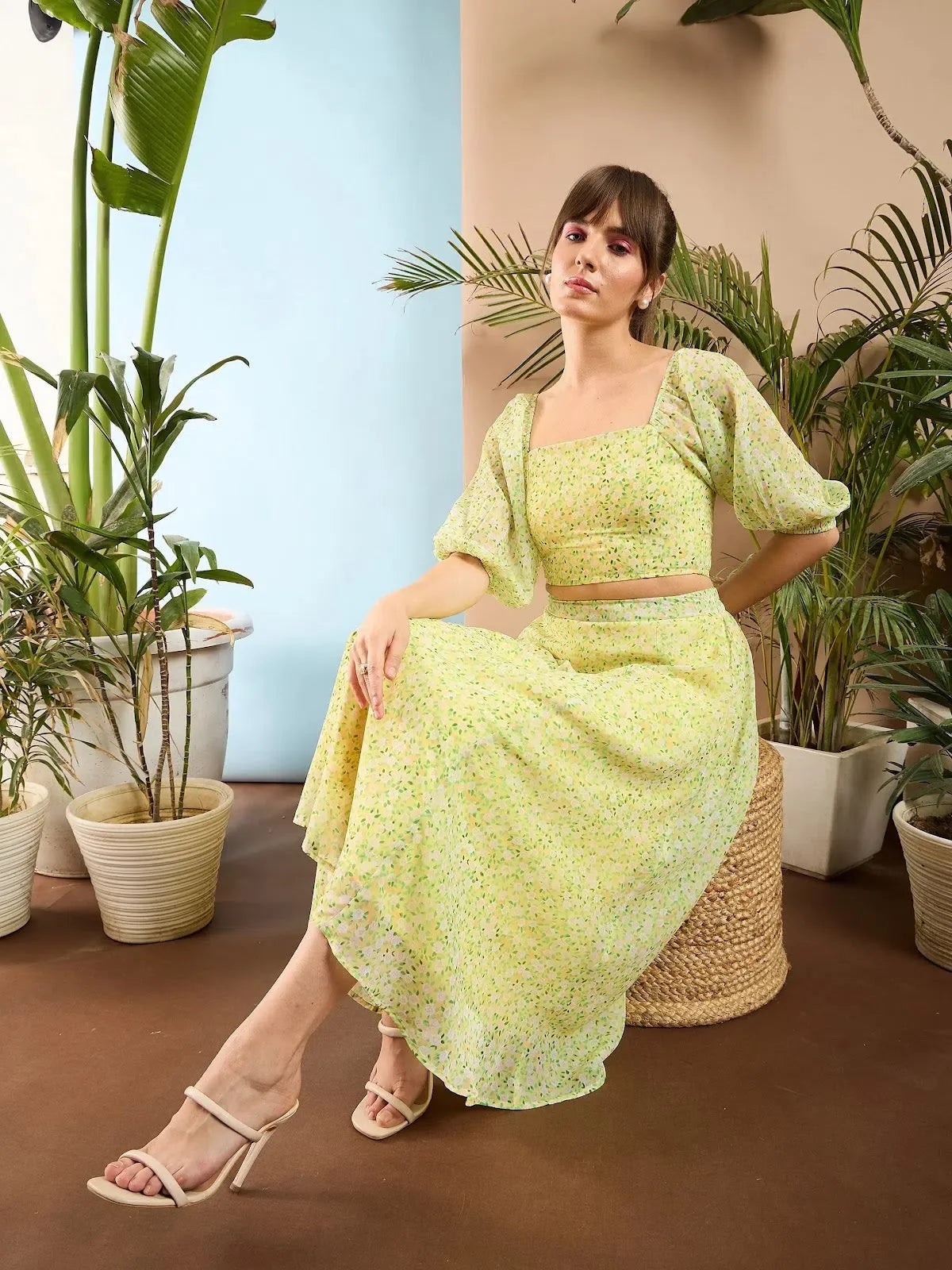Lime Floral Crop Top & Midi Skirt | Women's Lehenga Style