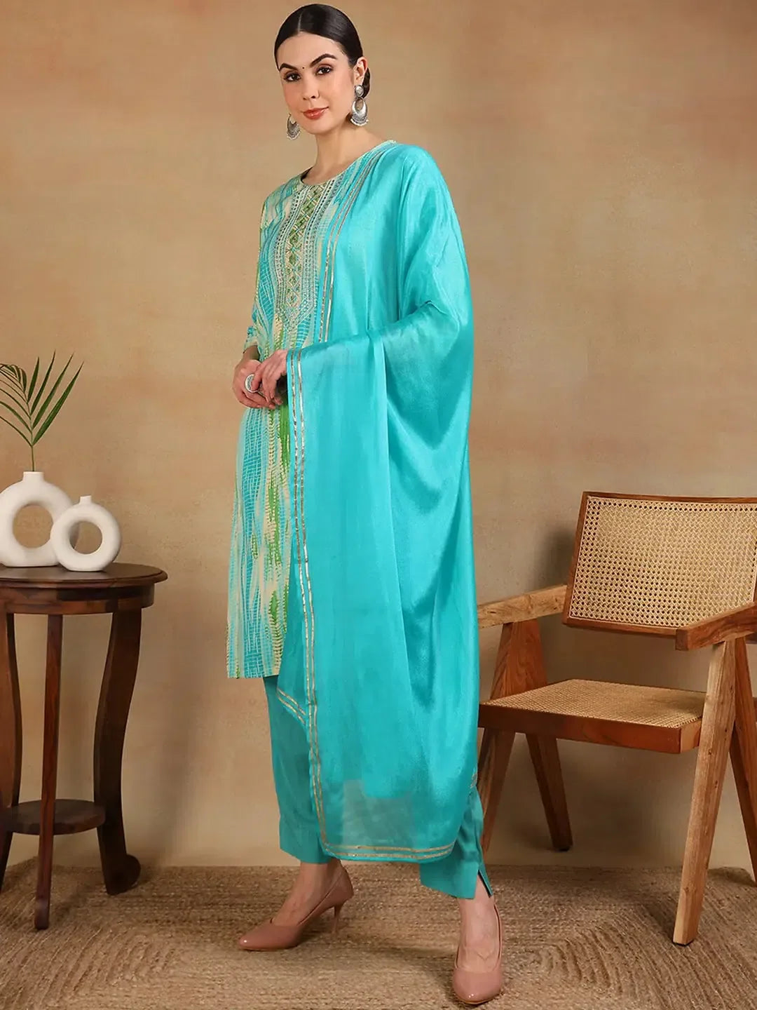 Turquoise Cotton Embroidered Straight Kurta Pant Set | Indian ...