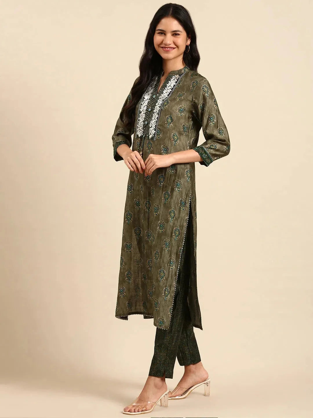 Olive Ethnic Motif Women's Kurta Set | Designer Kurta Sets