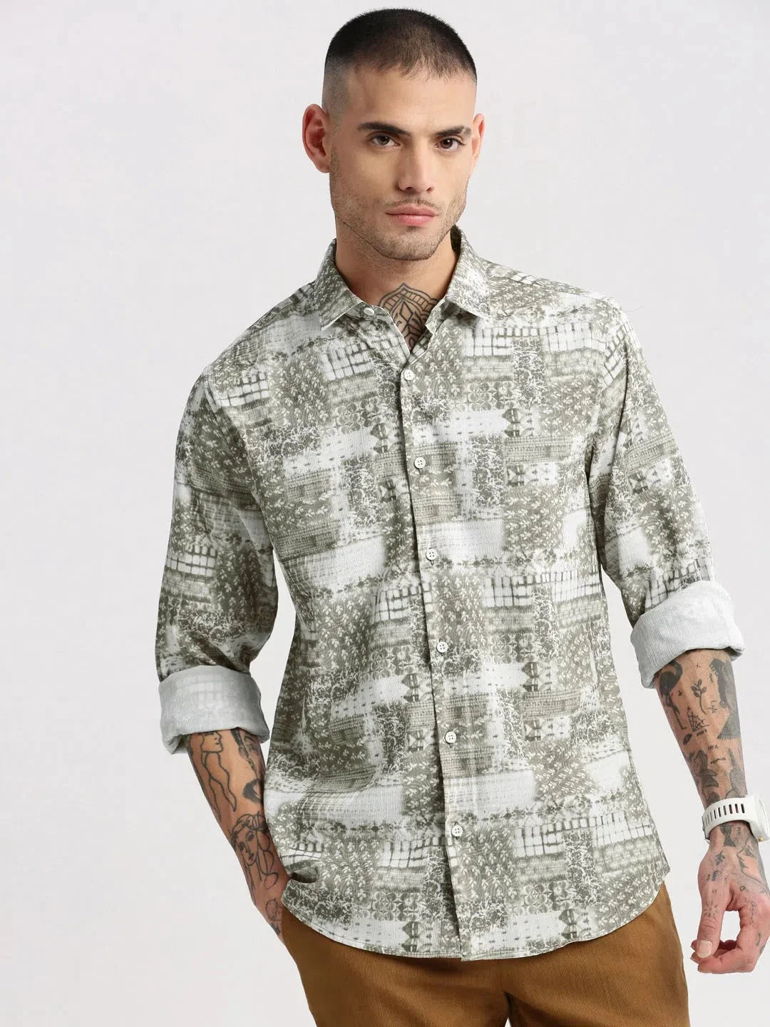 Men's Abstract Green Casual Shirt - Kurta Pajama Style Alterna...