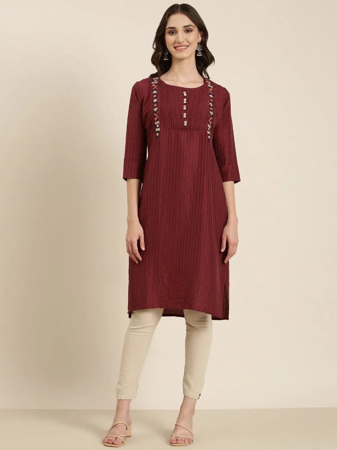 Magenta Striped Indian Kurta for Women - DesiQlo Cotton Kurtis
