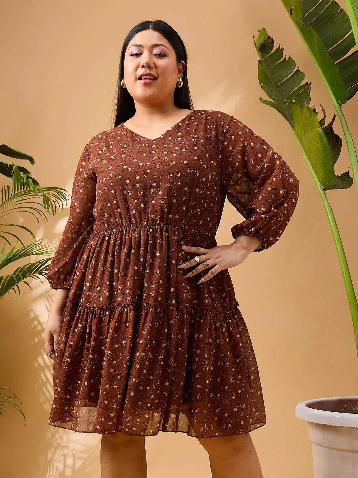 Women Brown & Beige Floral Short Tiered Dress