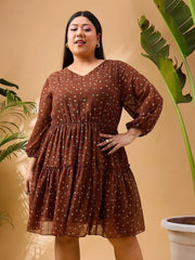 Women Brown & Beige Floral Short Tiered Dress