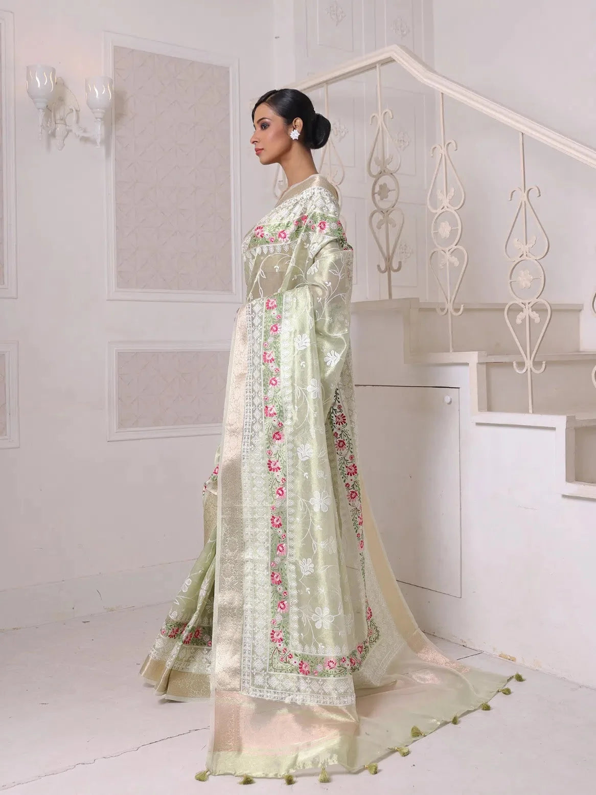 Pistachio Green Embroidered Cotton Saree | Indian Sarees