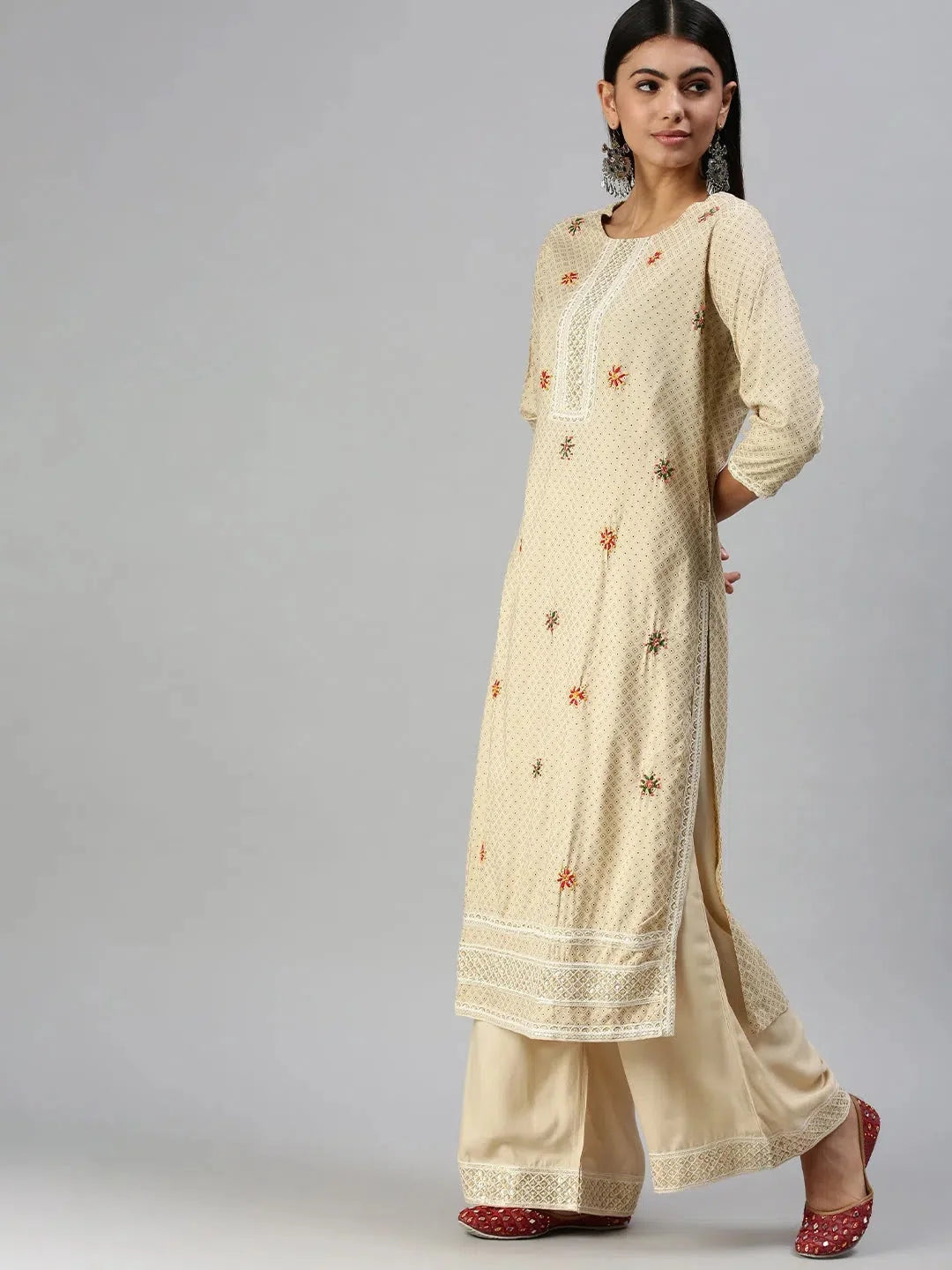 Beige Printed Women's Kurta Sets | Cotton Indian Kurta Sets