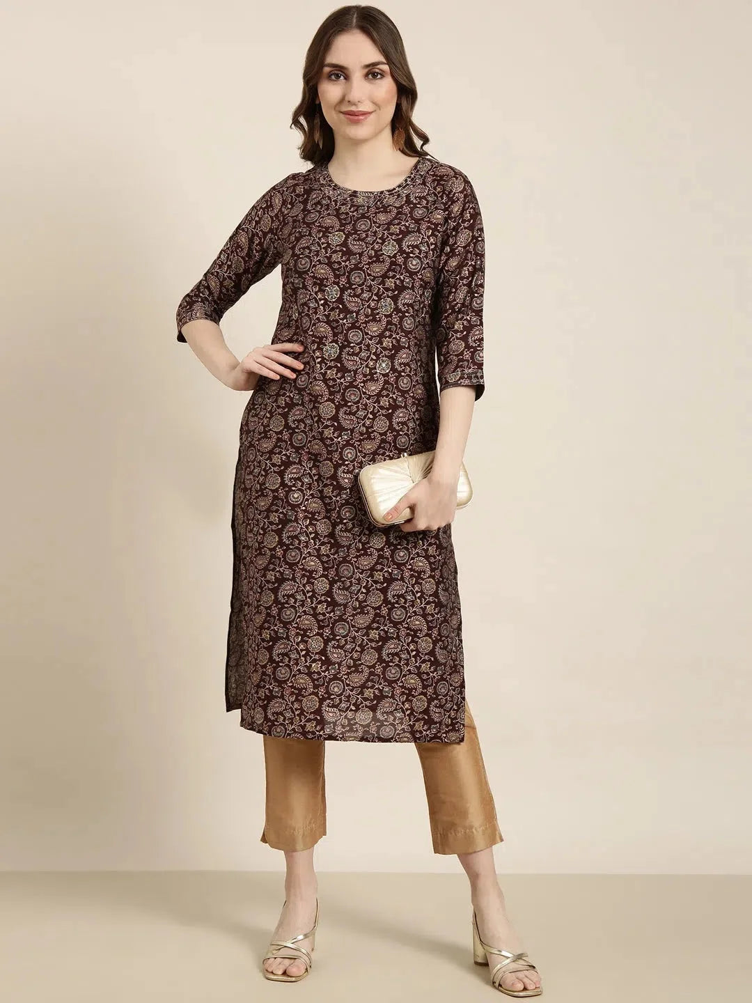 Brown Floral Cotton Kurta - Stylish Indian Kurta for Ladies