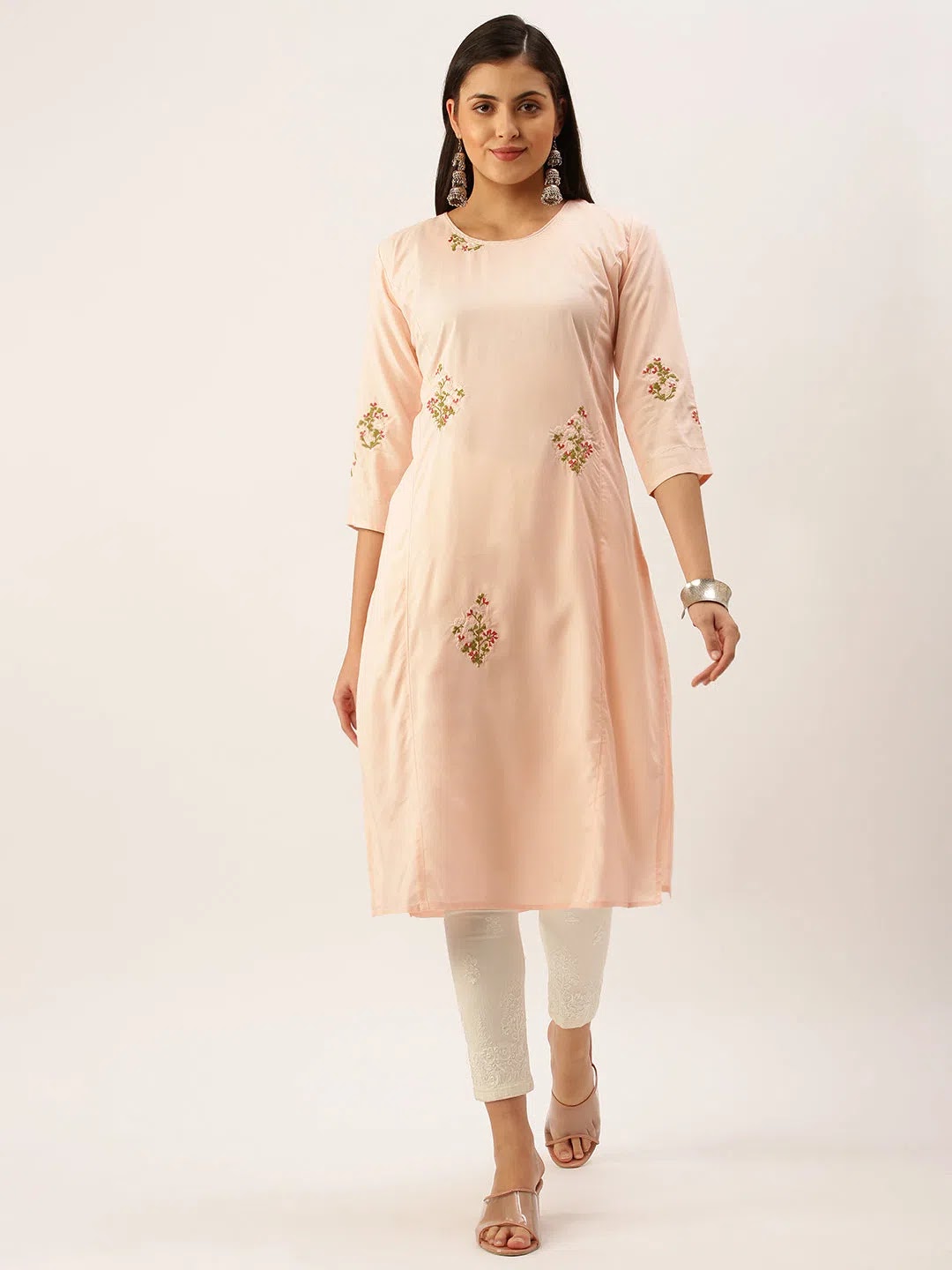 Peach Embroidered Cotton Kurta - Stylish Indian Kurtis