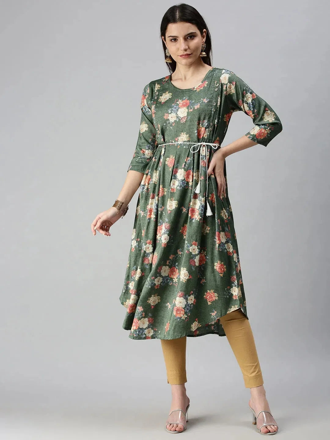 Green Printed A-Line Kurta for Women - Shop Indian Kurtas