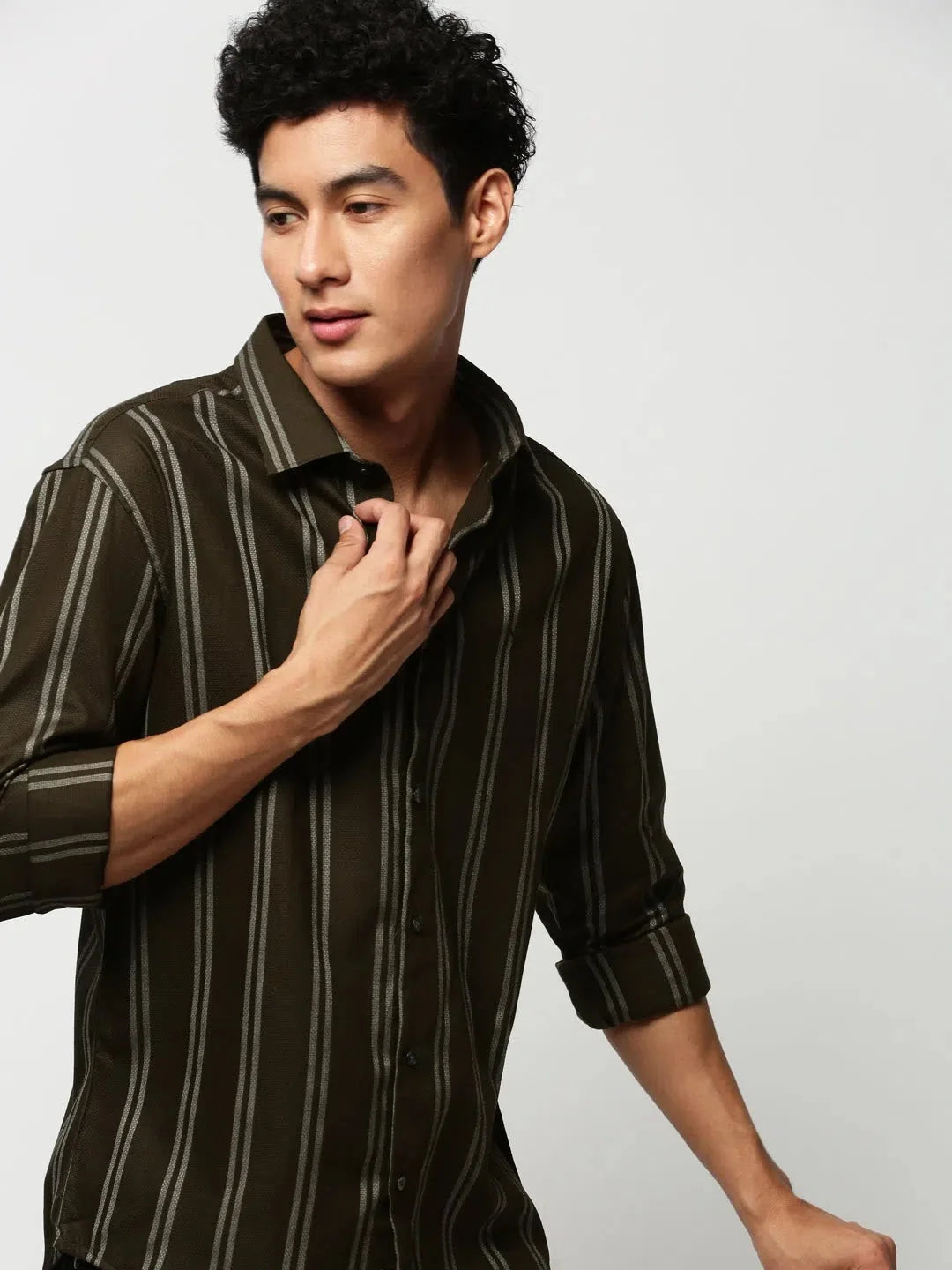 Trendy Men's Green Striped Cotton Shirt | Casual Style