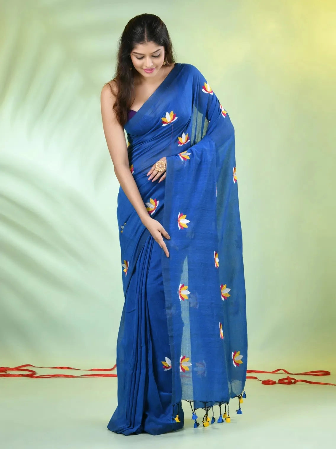 Sapphire Blue Embroidered Cotton Saree | Indian Sarees