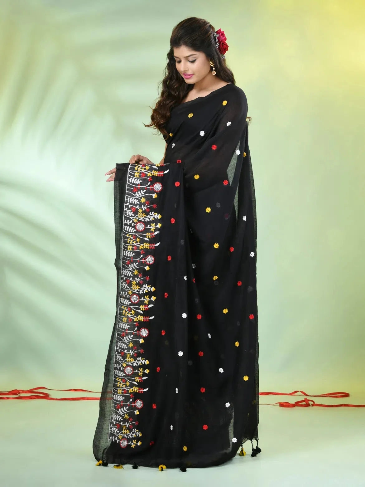 Black Cotton Saree with Floral Embroidery | Designer Sarees India