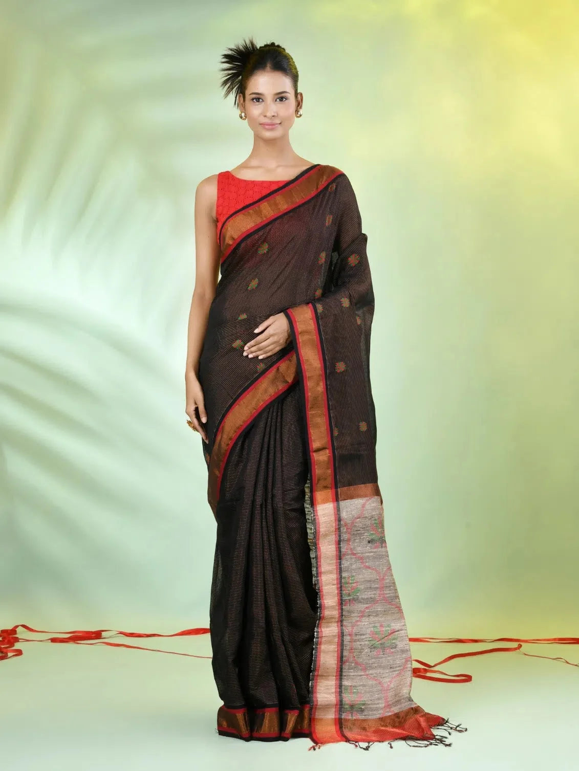 Black Cotton Saree with Jute Pallu | Indian Sari