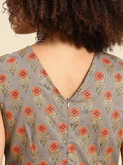 Overlap neck pleated jumpsuit in Grey Print