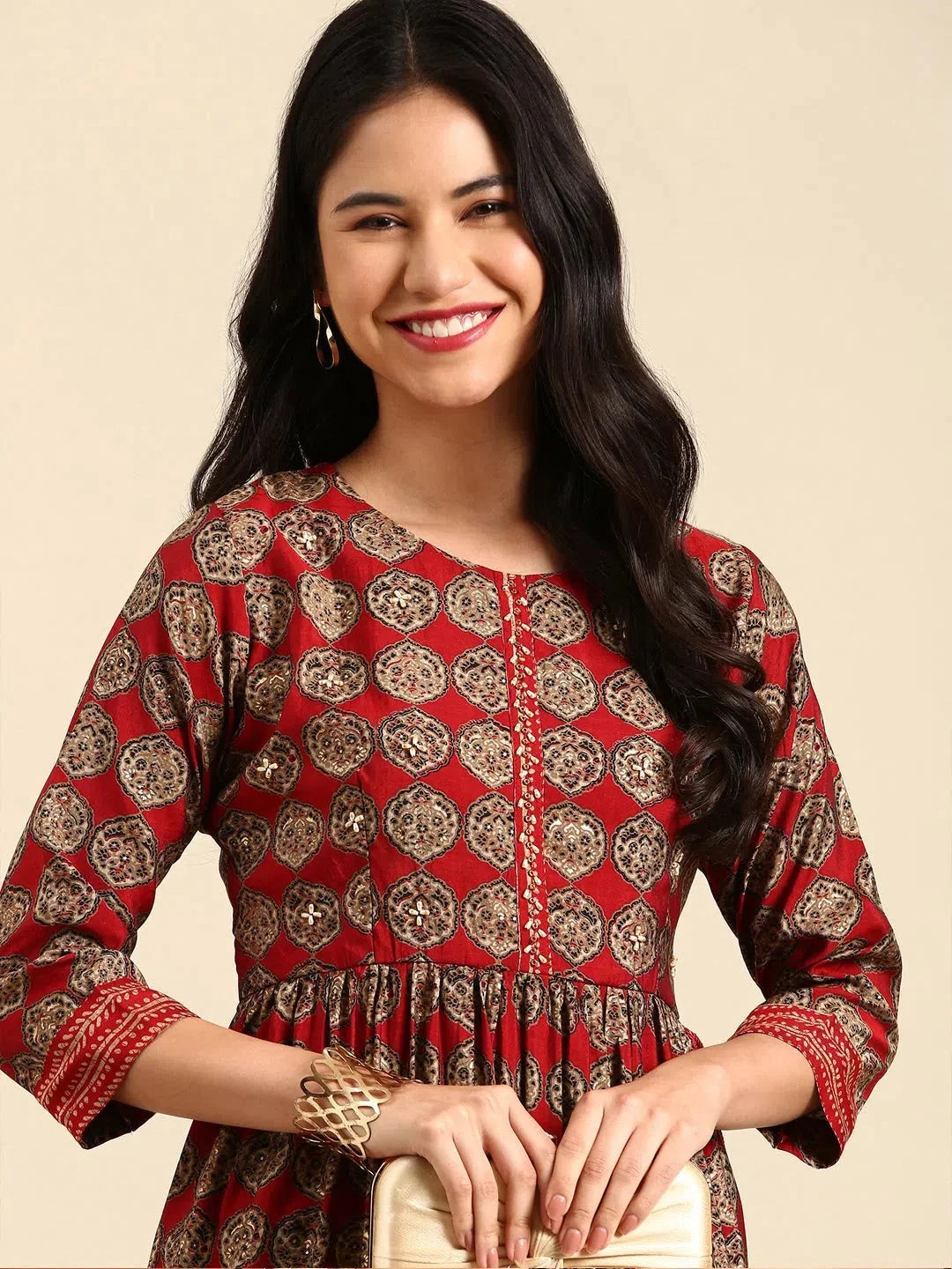 Women's Red Printed Kurta SetKC-813-Maroon