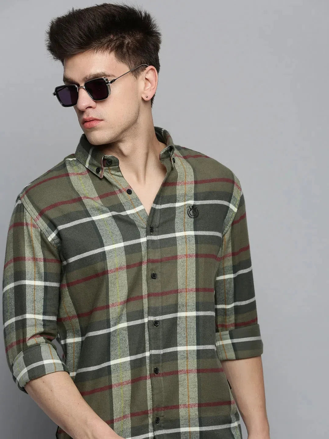 Men Green Checked Casual Shirt-AARONCHECKS-4341-Olive
