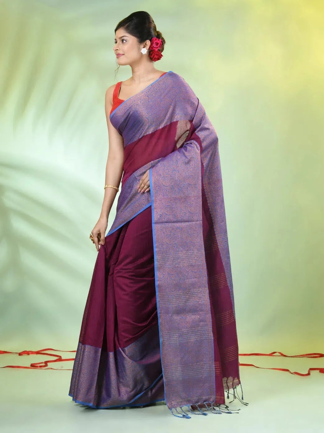 Purple Cotton Indian Sari with Zari Border | MA66BCT43620003