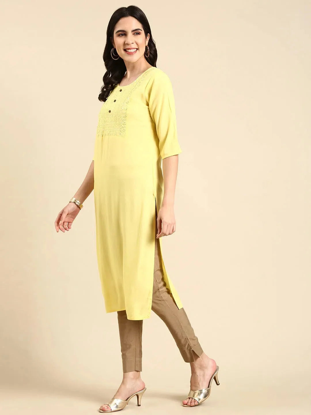 Yellow Embellished Kurta - Women's Cotton Indian Kurtis Style
