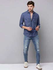 Men Navy Solid Casual Shirt-DARIANPURELINEN-3304-Navyblue