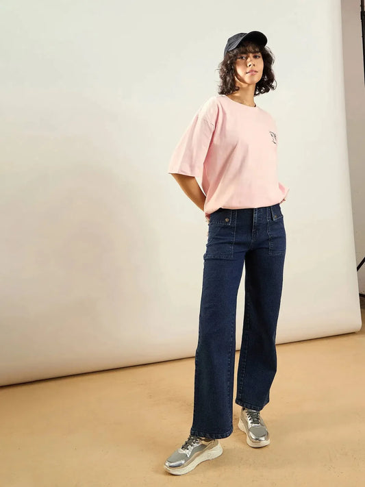 Women Blue Washed Front Pocket Straight Fit Jeans 1200
