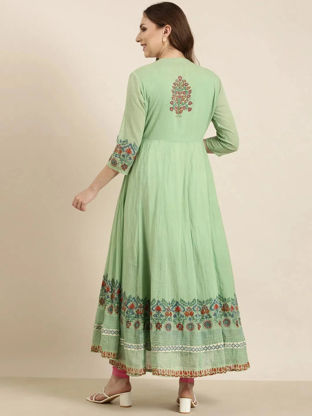 Green Floral Anarkali Kurta with Overcoat - Anarkali Suits