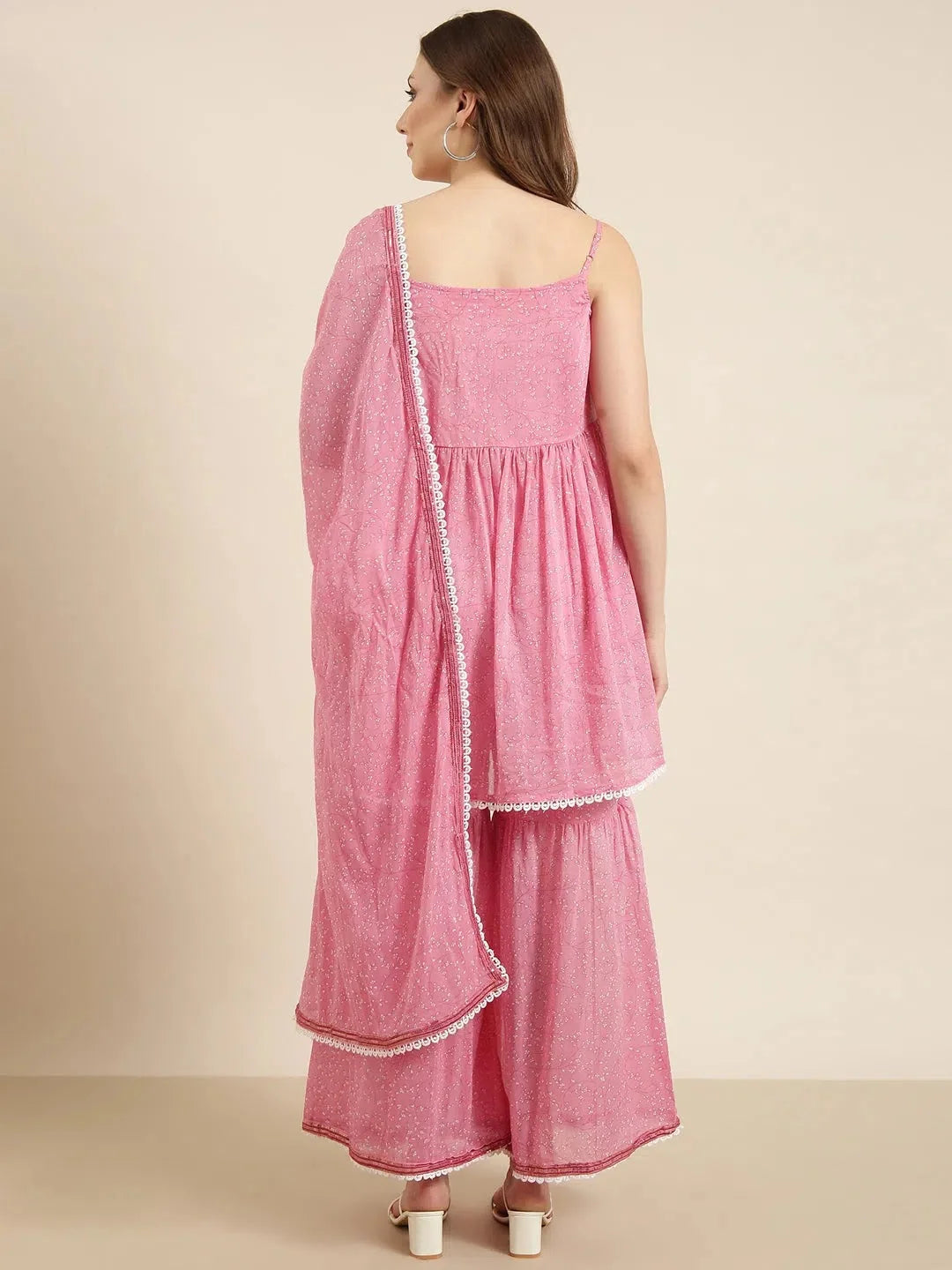 Pink Floral Anarkali Kurta Sharara Set with Potli Bag