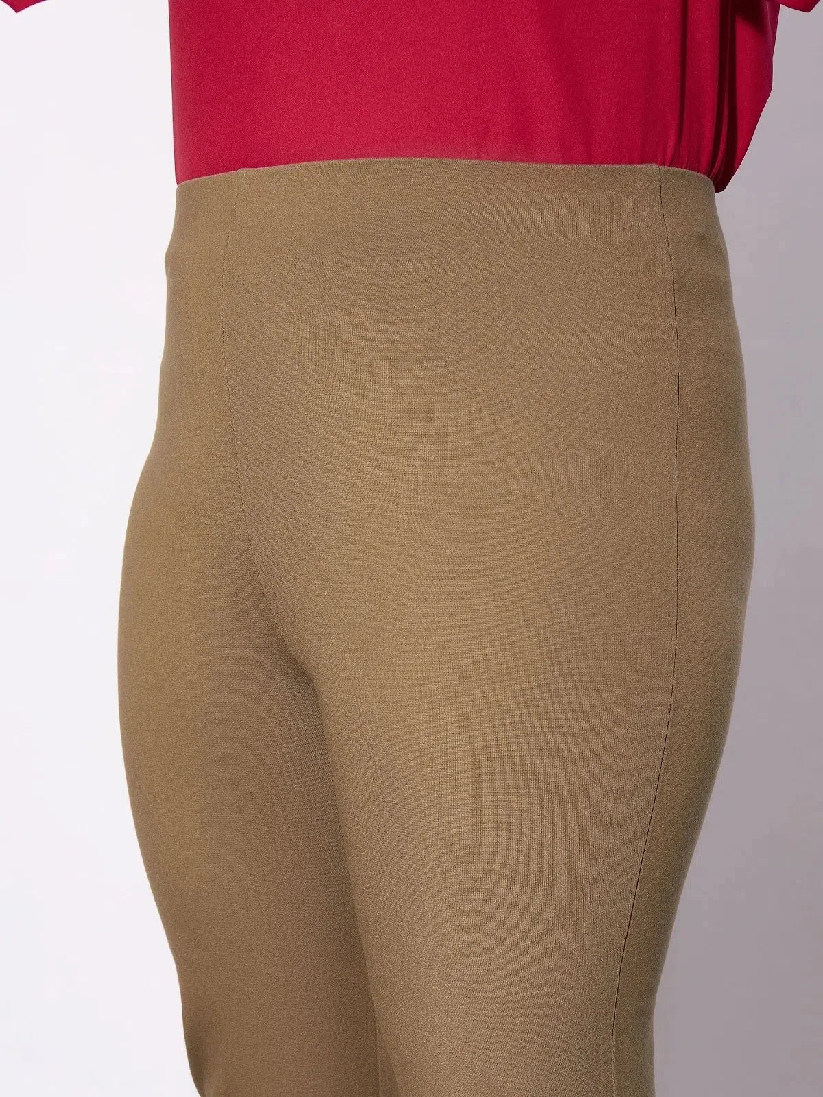 Beige Metal Zipper Pants - Women's Slim Fit Ankle Trousers