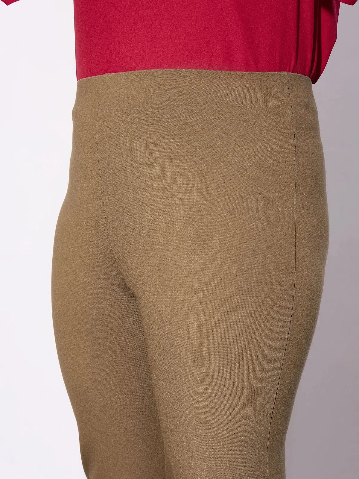 Beige Metal Zipper Pants - Women's Slim Fit Ankle Trousers