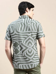 Men Green Graphics Casual Shirt-GEORGE-1609-Olive