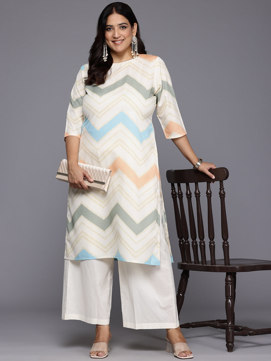 Plus Size Chevron Print Polyester Indian Kurta for Women