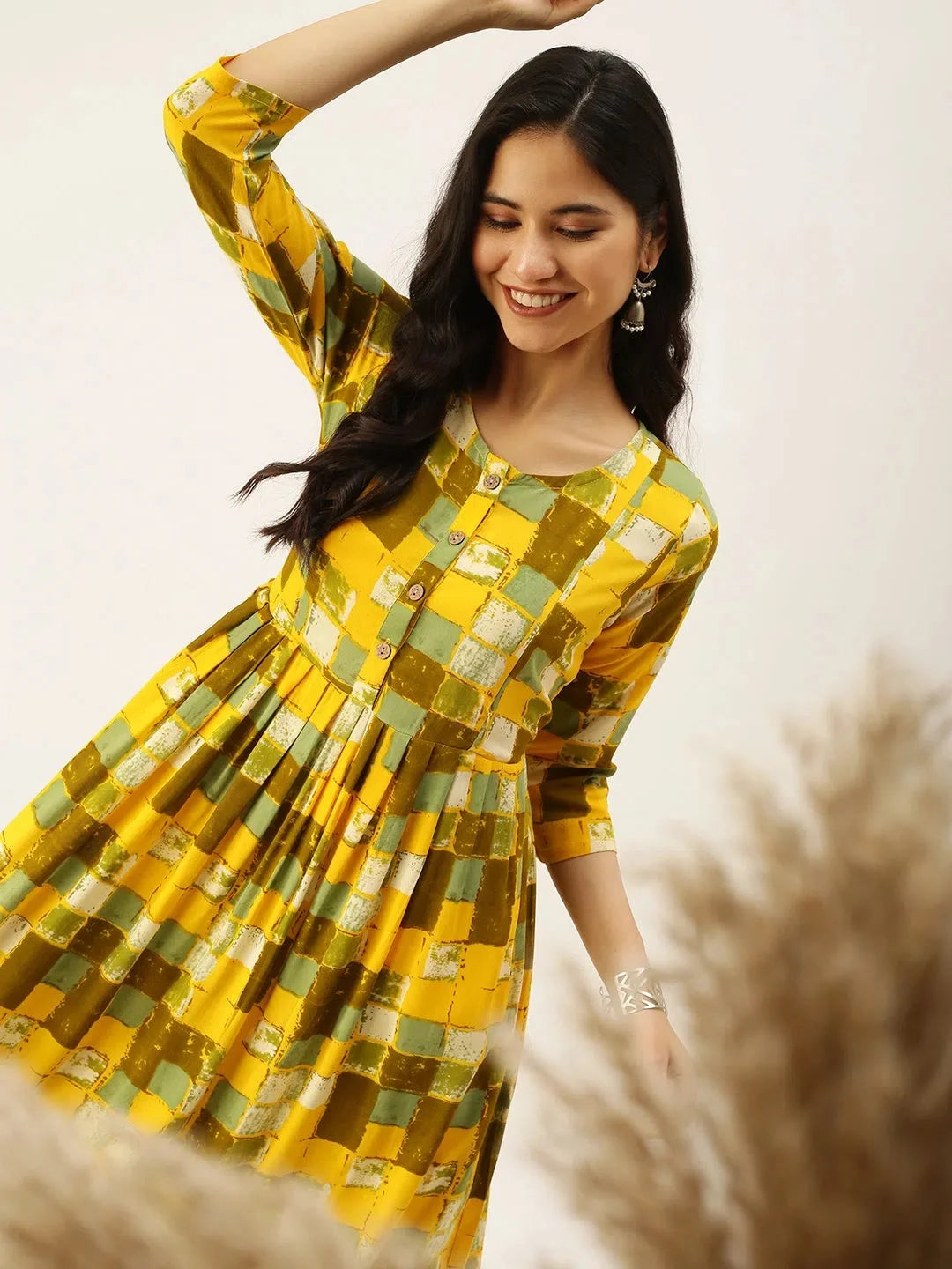 Yellow Printed Cotton Kurta: Women's Indian Kurta Collection