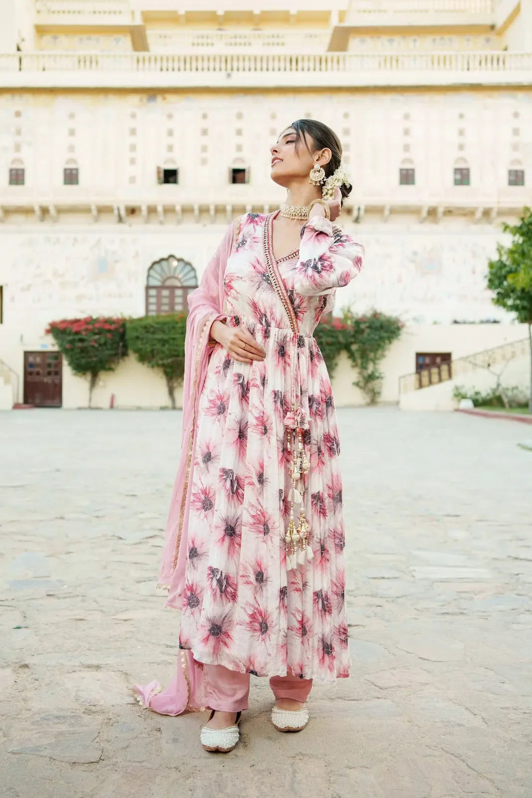 White Chinon Floral Embroidered Angrakha Anarkali Pant & Dupatta set
