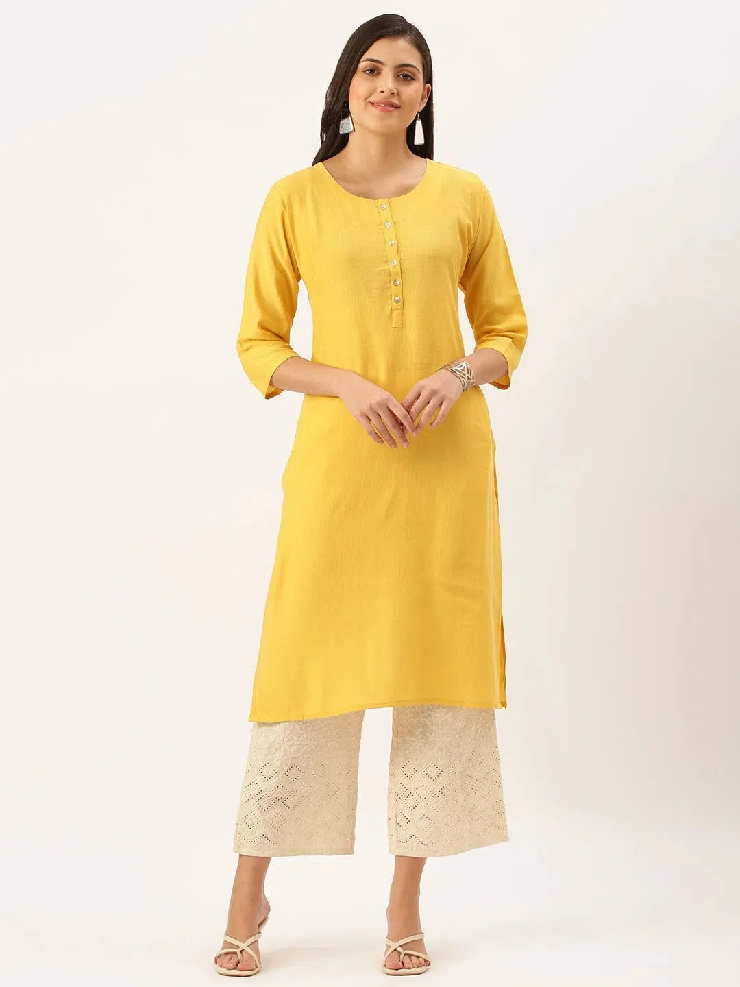 Mustard Yellow Cotton Indian Kurta - Solid Women's Kurta