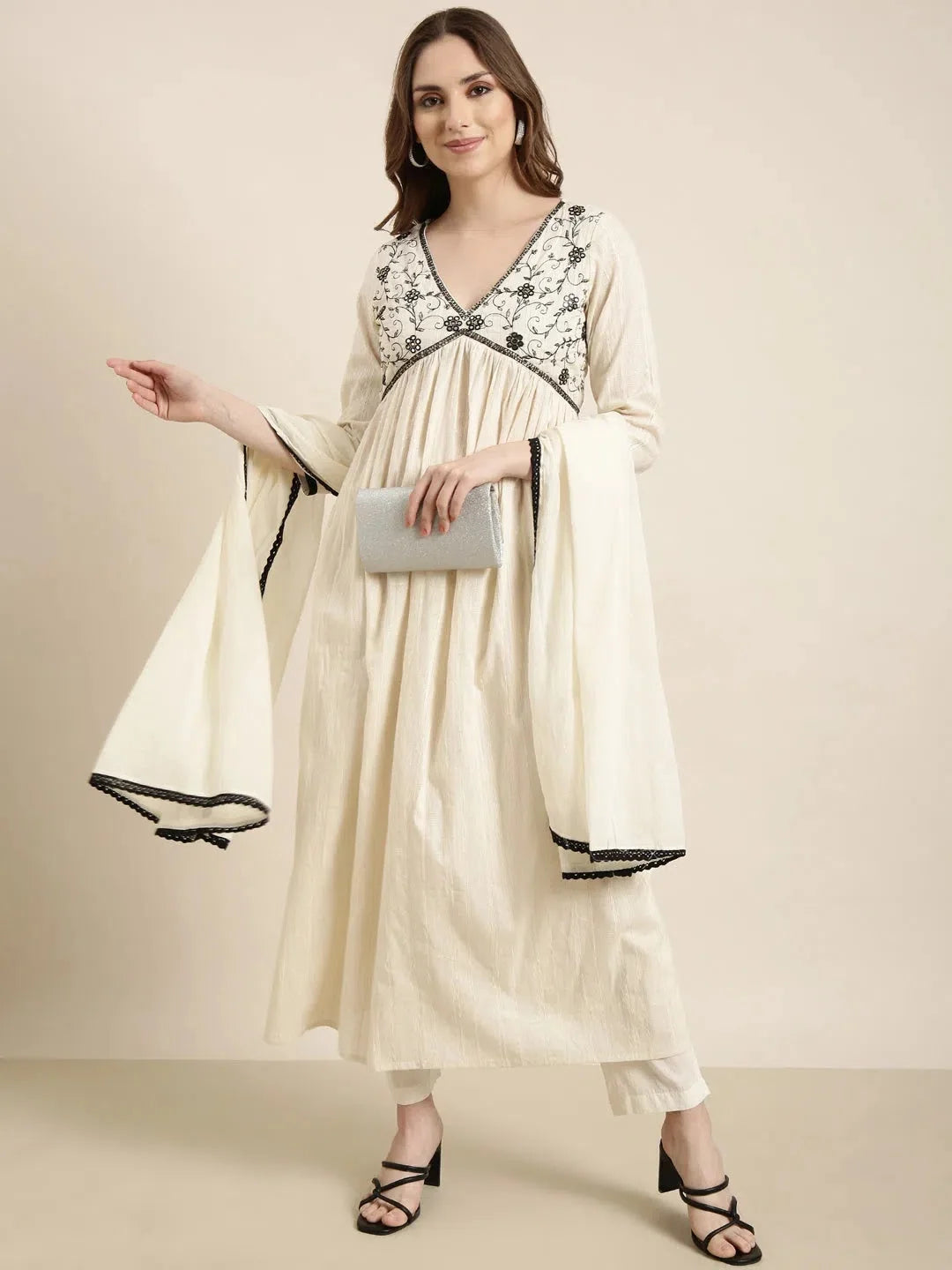 Cream Woven Anarkali Kurta Set for Women | Indian Kurta Style