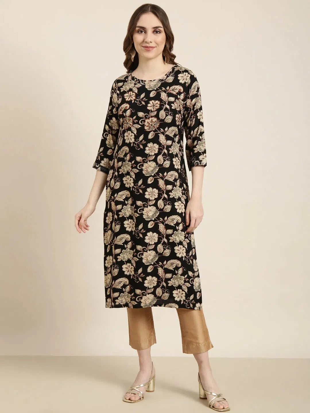 Black Floral Cotton Kurta - Modern Indian Kurta Ladies
