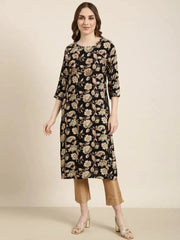 Women Straight Black Floral Kurta-HO-1463-Black