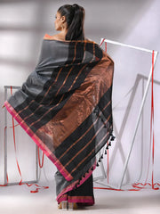 Grey Patli-Pallu Cotton Saree With Stripes Zari Borders-MA55CT06520105