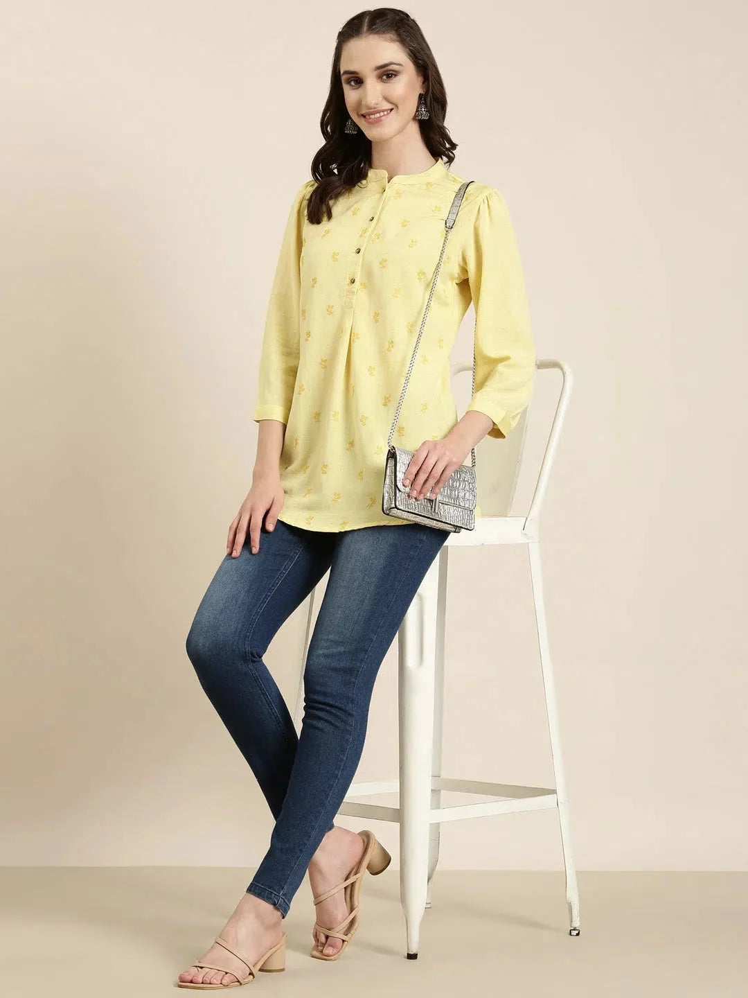 Yellow Floral Kurti: Women's Indian Kurta Tunic Top