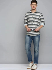 Men Green Striped Casual Shirt-LARGEPRINT-2087-Olive