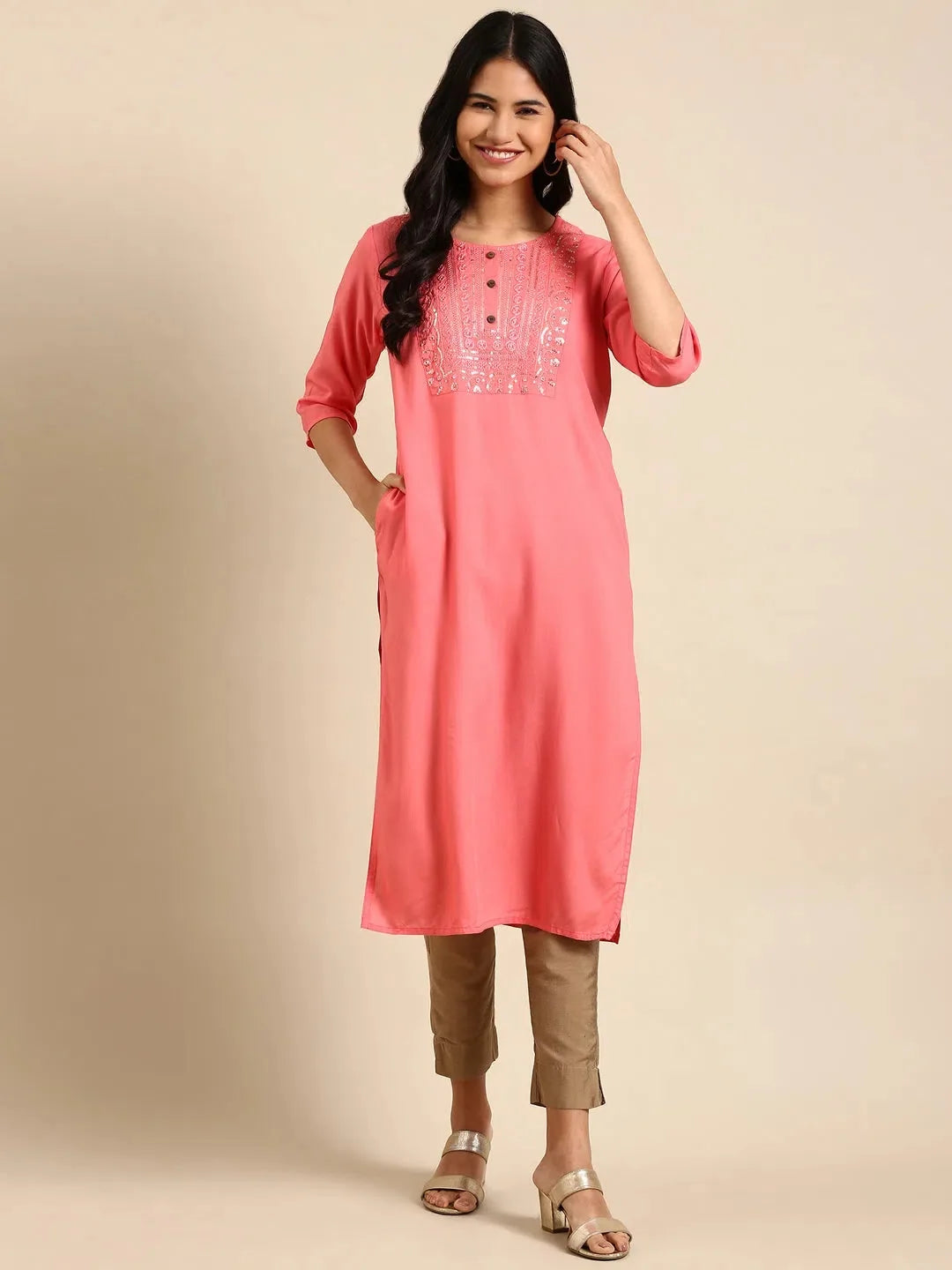 Coral Solid Viscose Kurta - DesiQlo Indian Kurta Ladies