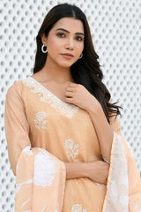 Women Mustard Kota Doria Embroidered Solid Kurta Set With Solid Pants & Printed Dupatta-144-Vaas-Mustard