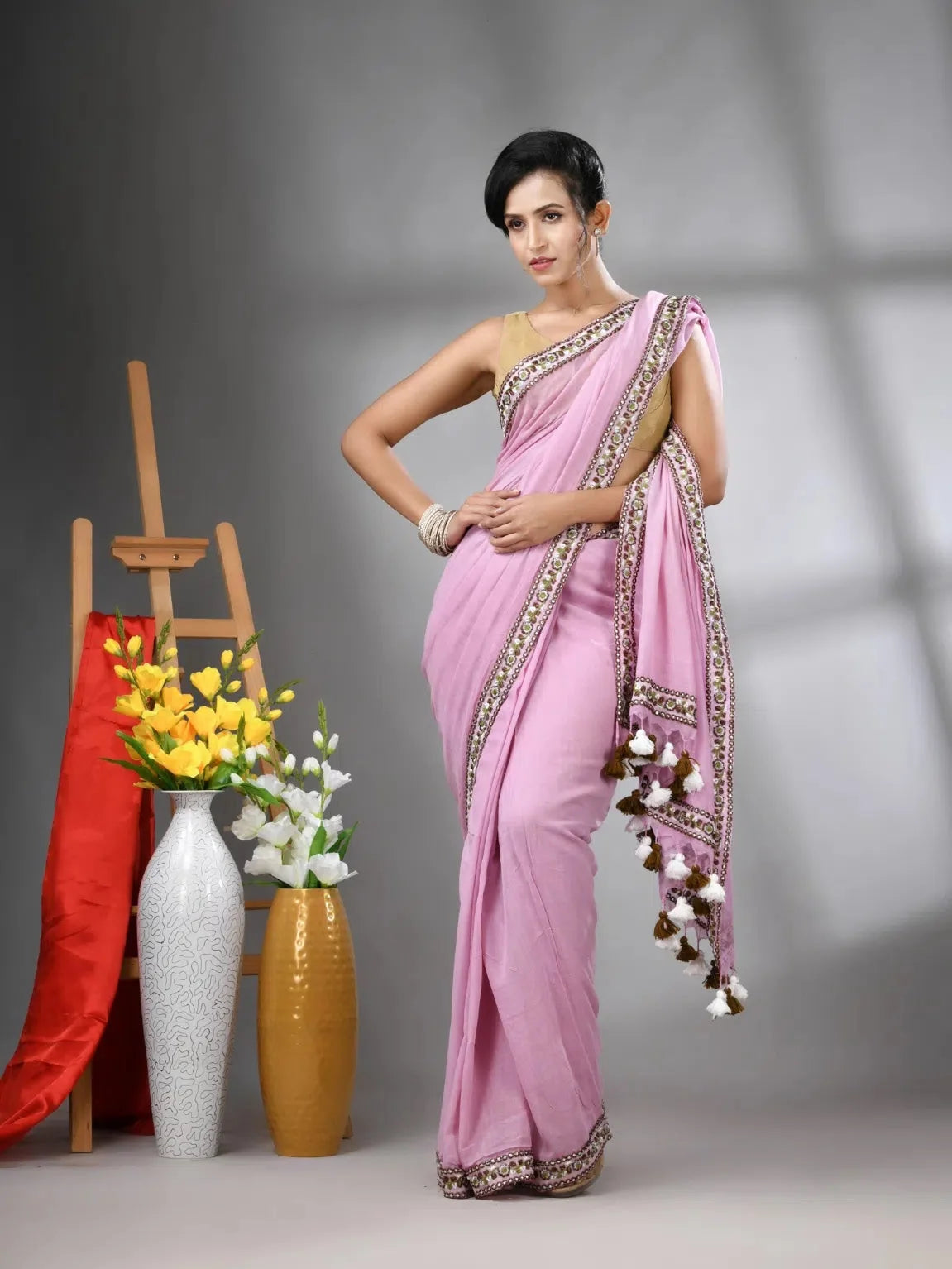 Lilac Cotton Saree with Embroidered Border | Indian Sarees