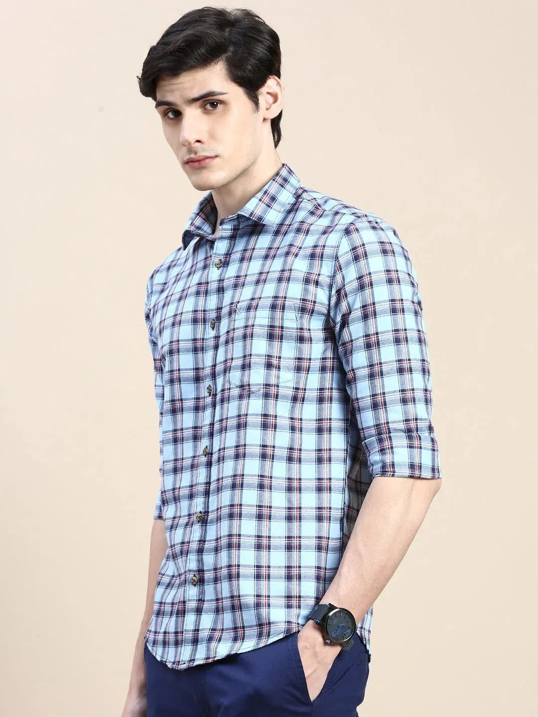 Trendy Men's Blue Checked Shirt - Cotton Casual Shirt | DesiQlo