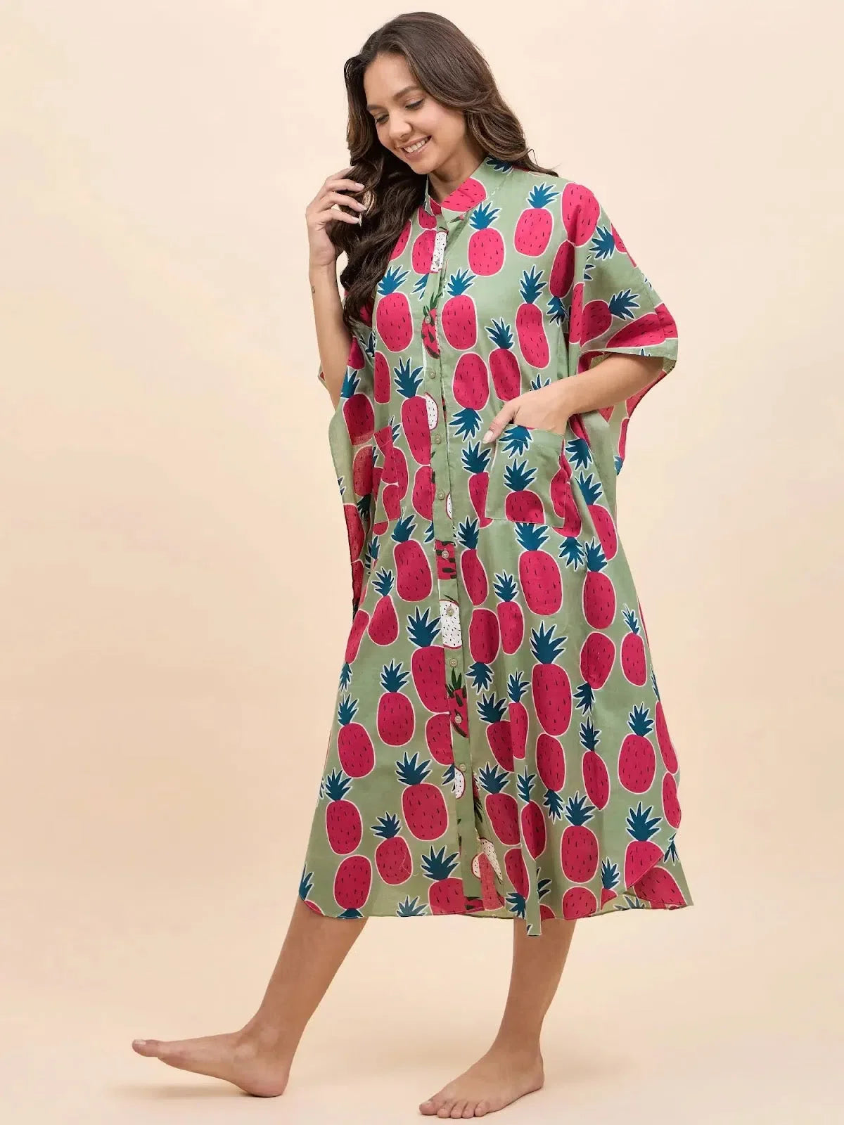 Pineapple Print Long Kaftan Dress | Women's Cotton Kaftans