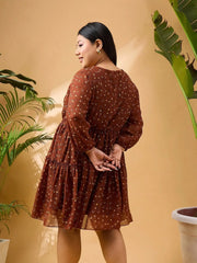 Women Brown & Beige Floral Short Tiered Dress
